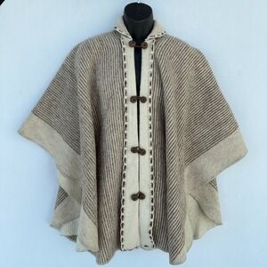 Alpaca Wool Poncho Cape Striped OS Tan Brown Toggle Frog Button Knit Peruvian